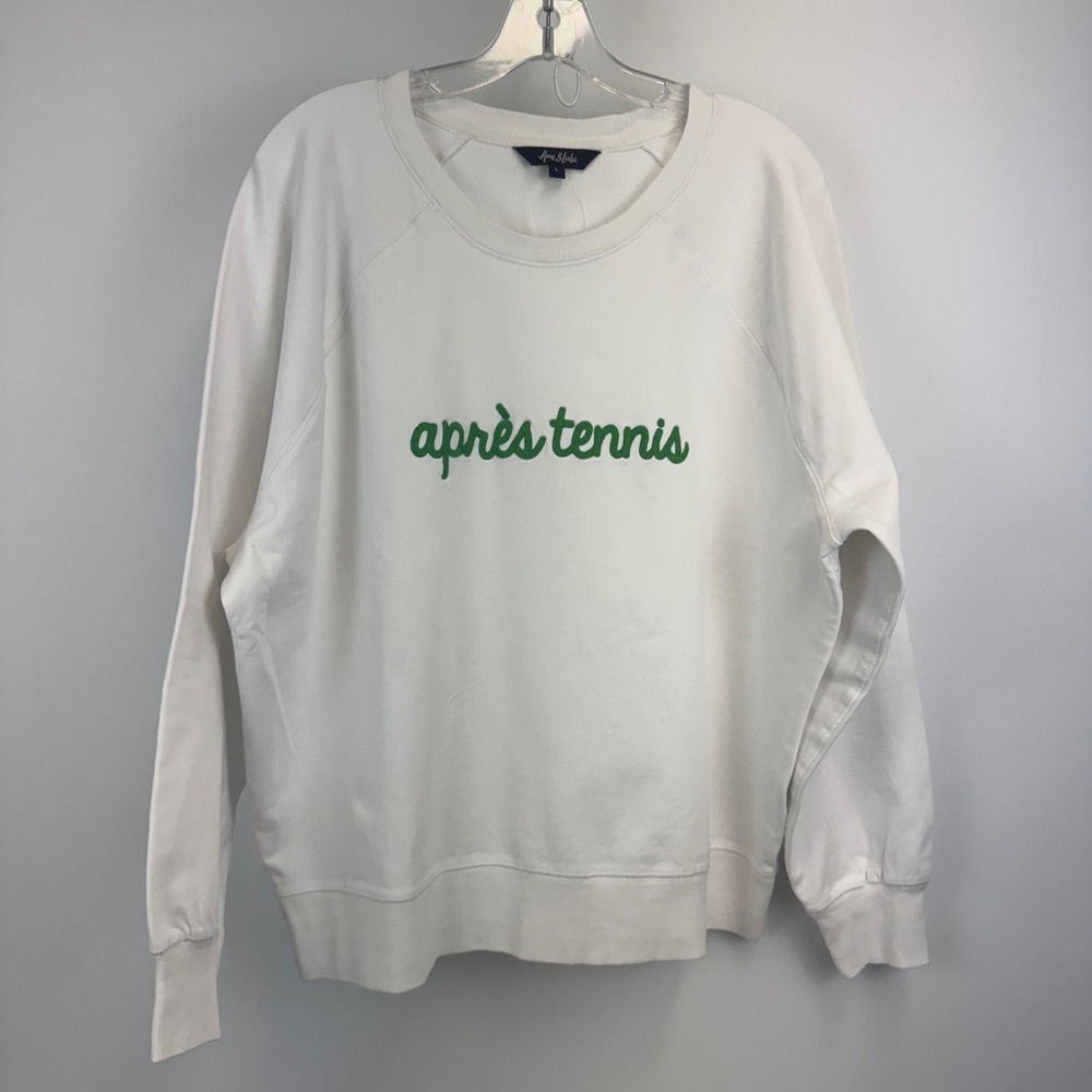 Ame & Lulu Apres Tennis Sweatshirt White Green WSTL 2024 Pullover Womens Large
